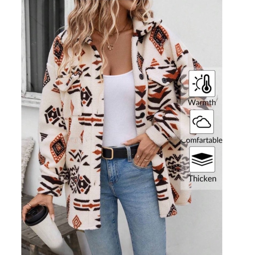 Boho Aztec Print Teddy Button Up Jackst - Picture 3 of 5